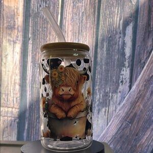 Highland Cow Art Glass Jar with Straw